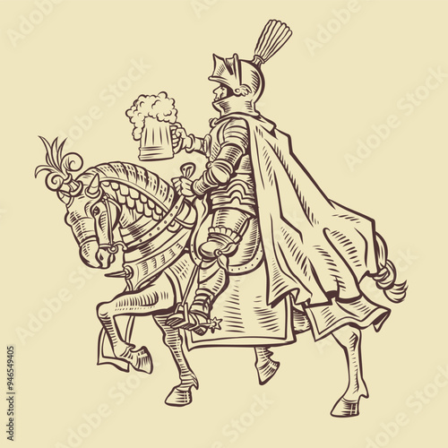 A knight in armor on an armored horse holds a mug of foamy beer. Alcohol menu in a tavern, pub or restaurant. A medieval drink in the modern world.