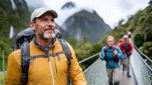 A man wearing a yellow jacket is hiking on a suspension bridge with a beautiful mountain background, highlighting adventure, nature, and physical activity in the wilderness.