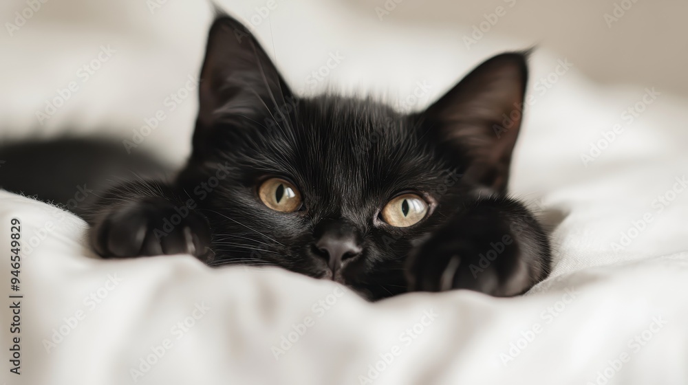Close-up image of an adorable black kitten with bright, curious eyes, comfortably lying on a soft, white blanket, capturing a moment of feline calm and innocence. Close-up image of an adorable black kitten with bright, curious eyes, comfortably lying on a soft, white blanket, capturing a moment of feline calm and innocence.