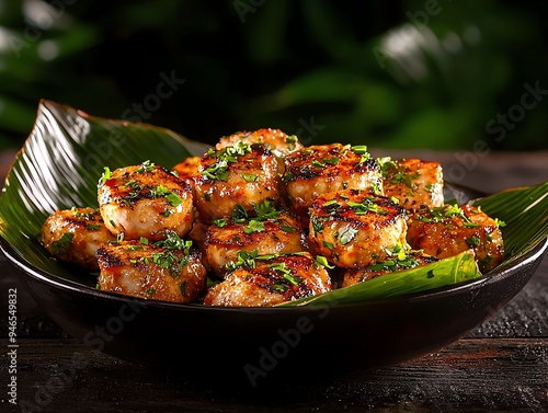 A dish of Ayam Percik, grilled chicken with a spicy coconut gravy, garnished with fresh herbs, served on a banana leaf against a rustic wooden table photo