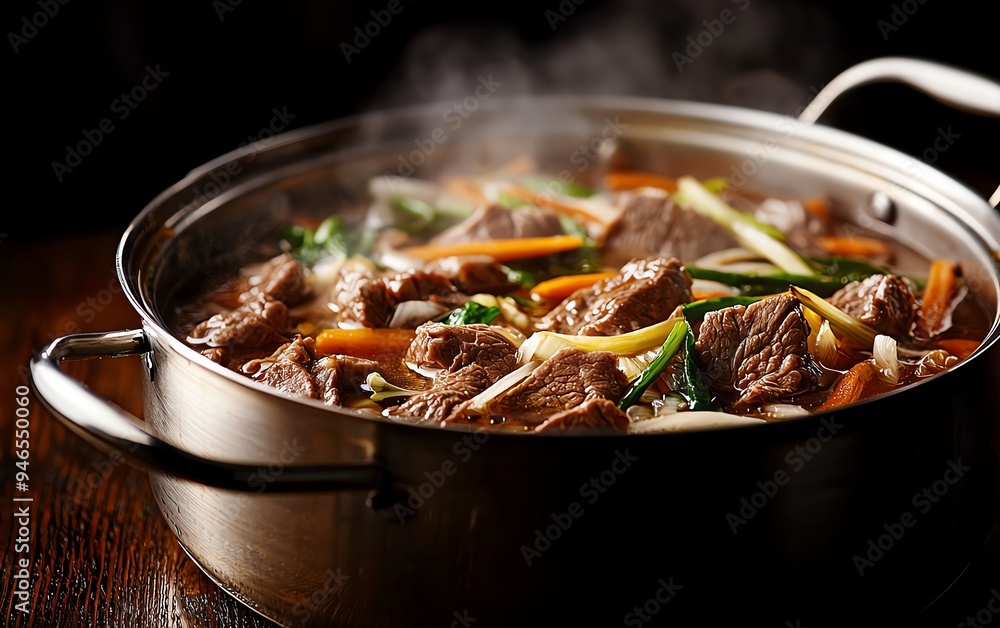 A dish of shabushabu, with thinly sliced beef and fresh vegetables ready to be cooked in a bubbling pot of broth, set on a wooden table in a cozy Japanese dining room
