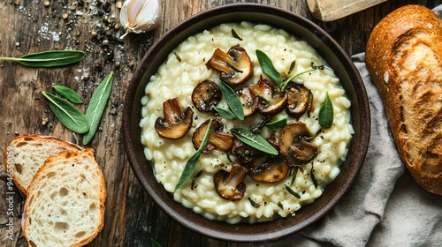 A flat lay of a comforting bowl of risotto with roasted mushrooms and sage, served with a side of crusty bread on a rustic surface