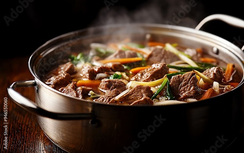 A dish of shabushabu, with thinly sliced beef and fresh vegetables ready to be cooked in a bubbling pot of broth, set on a wooden table in a cozy Japanese dining room