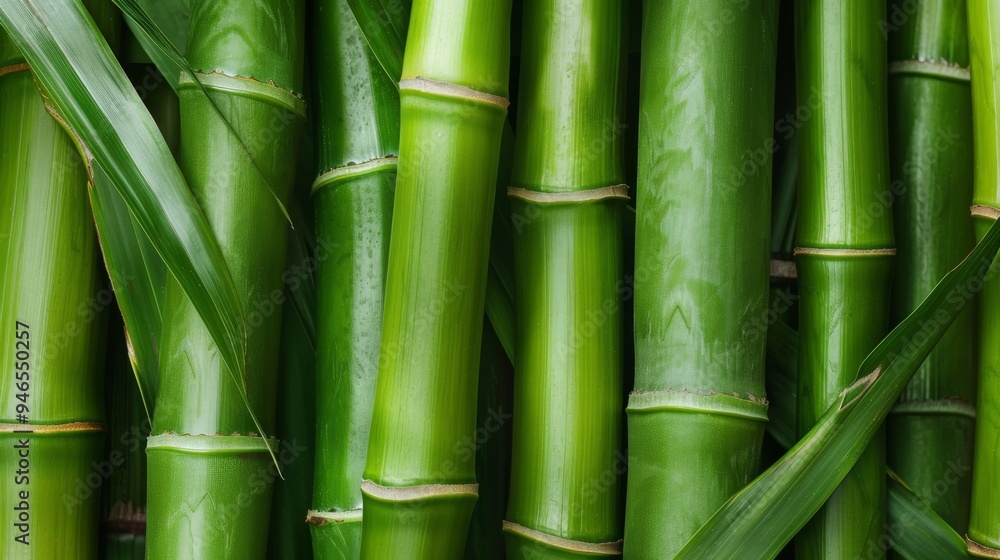 A detailed close-up of vibrant green bamboo stalks intertwined with fresh leaves. The smooth texture and natural sheen of the bamboo are prominently displayed, emphasizing the rich green hues A detailed close-up of vibrant green bamboo stalks intertwined with fresh leaves. The smooth texture and natural sheen of the bamboo are prominently displayed, emphasizing the rich green hues