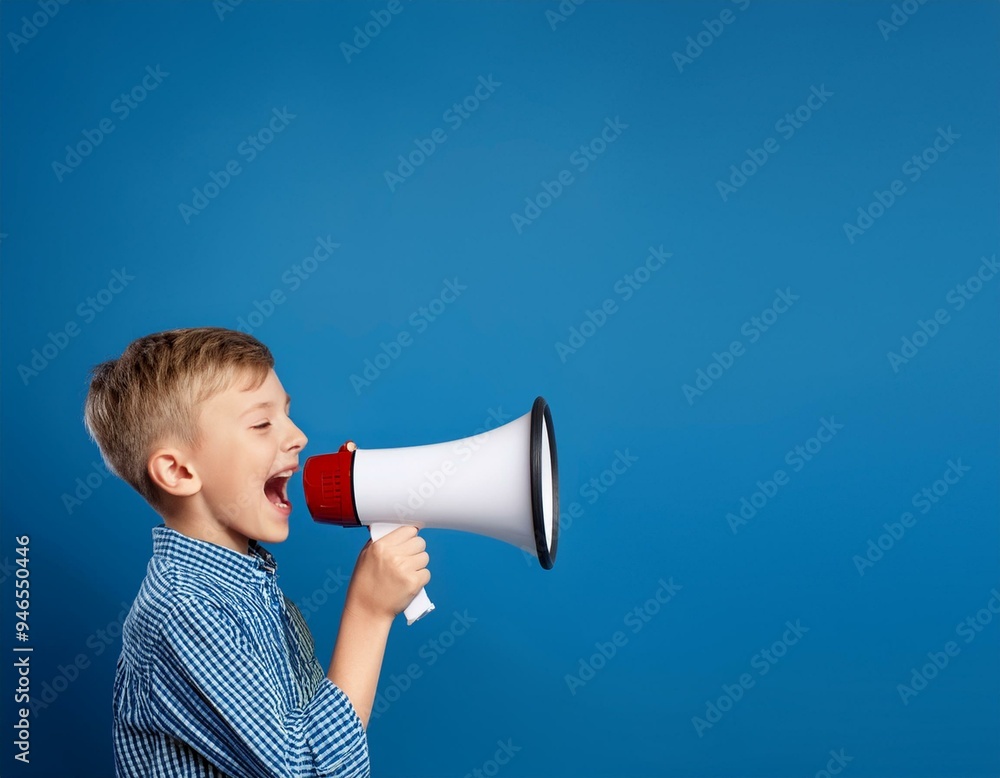 Cute Caucasian teen School boy using megaphone. Back to school text on blue banner. Copy space edgeless Cute Caucasian teen School boy using megaphone. Back to school text on blue banner. Copy space edgeless