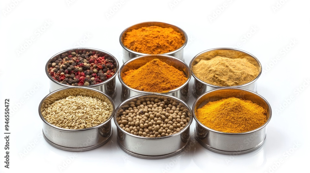 Assortment of Indian spices in small round metal containers, including turmeric, cumin, and coriander powder, on a white background, no people. Assortment of Indian spices in small round metal containers, including turmeric, cumin, and coriander powder, on a white background, no people.