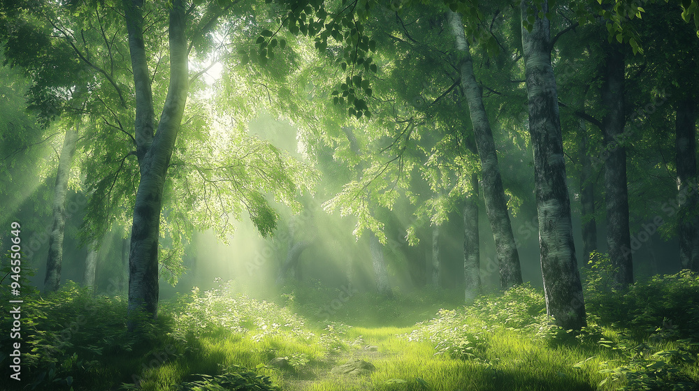Obraz premium A tranquil forest scene with soft sunlight filtering through the trees, gentle breeze moving the leaves.