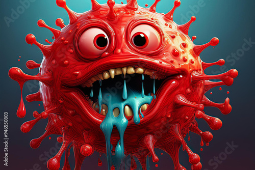 Virus cell model illustration with realistic silly monster face. Infectious diseases, epidemic concept. photo