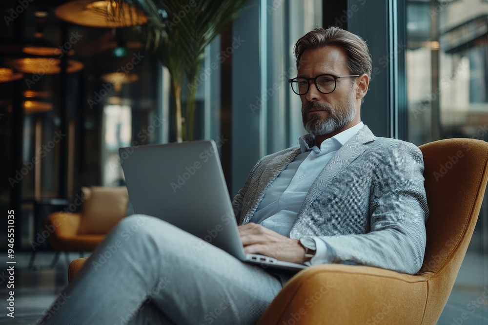 Successful business man in a modern office working on laptop, Generative AI Successful business man in a modern office working on laptop, Generative AI