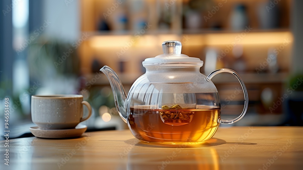 A glass teapot with brewed tea beside a cup on a wooden table in a cozy setting. A glass teapot with brewed tea beside a cup on a wooden table in a cozy setting.