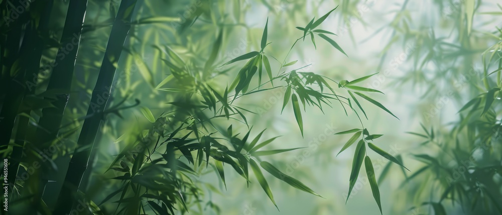 A tranquil bamboo grove with tall stalks and lush green leaves, softly bathed in mist. The scene is serene, with diffused light filtering through the dense foliage A tranquil bamboo grove with tall stalks and lush green leaves, softly bathed in mist. The scene is serene, with diffused light filtering through the dense foliage