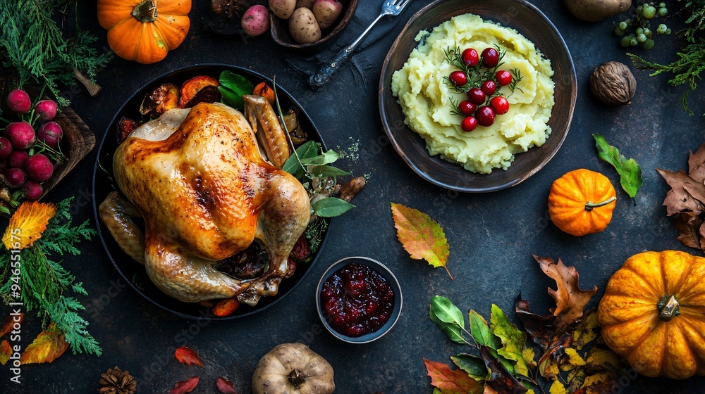 A flat lay of a harvest feast, featuring roasted turkey, mashed potatoes, cranberry sauce, and a variety of autumnal vegetables A flat lay of a harvest feast, featuring roasted turkey, mashed potatoes, cranberry sauce, and a variety of autumnal vegetables