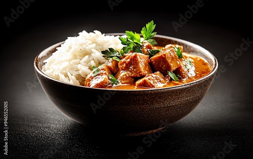 A rich and creamy bowl of Gaeng Hung Lay, Northern Thai pork belly curry, served in a traditional ceramic bowl with a side of sticky rice and fresh coriander garnish photo