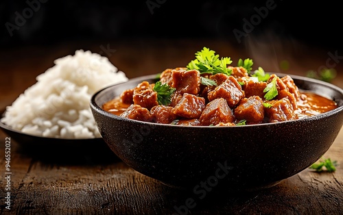 A rich and creamy bowl of Gaeng Hung Lay, Northern Thai pork belly curry, served in a traditional ceramic bowl with a side of sticky rice and fresh coriander garnish photo