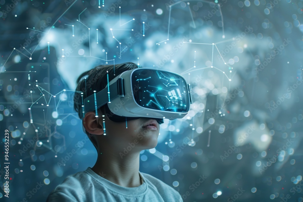 Child experiencing virtual reality with futuristic graphics Child experiencing virtual reality with futuristic graphics