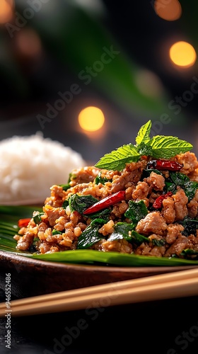 A rustic serving of Larb Moo, spicy minced pork salad, garnished with fresh mint, chili, and roasted rice powder, presented on a banana leaflined plate with a side of sticky rice photo