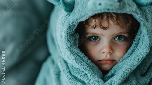 A pensive child with curly hair wears a blue hooded animal costume, captured in a close-up portrait with a thoughtful expression, creating a serene and calming image. photo