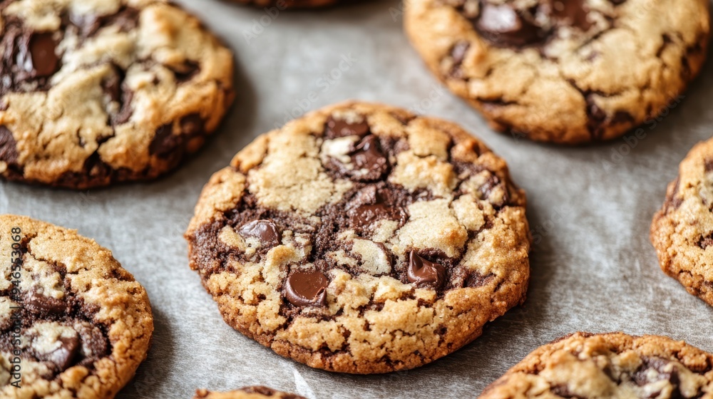 A close-up view of freshly baked chocolate chip cookies on a baking sheet, showcasing the delicious and classic dessert, perfect for evoking feelings of comfort and indulgence. A close-up view of freshly baked chocolate chip cookies on a baking sheet, showcasing the delicious and classic dessert, perfect for evoking feelings of comfort and indulgence.