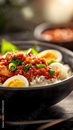 A serving of Nasi Dagang, fragrant rice with coconut milk, served with fish curry, hardboiled eggs, and sambal, presented on a traditional Malaysian platter photo