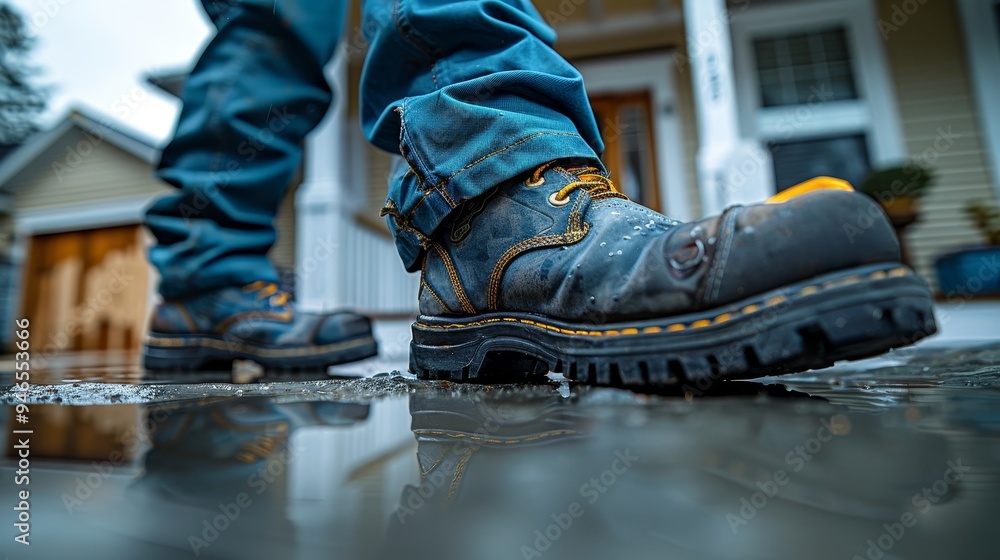 Professional handyman approaches front door with tools and repair bag for home service call Professional handyman approaches front door with tools and repair bag for home service call