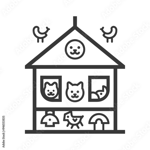 Line Art Illustration of a Pet Store with Animals and Toys