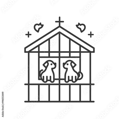 Line Art Illustration of a Pet Shelter with Two Dogs Inside