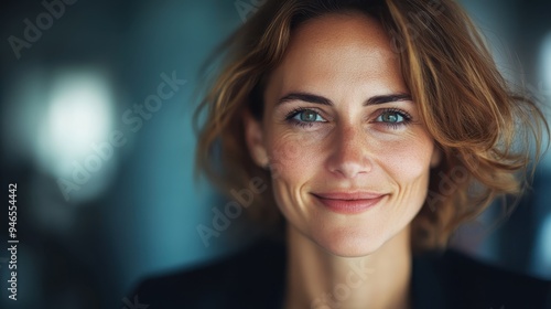 A confident businesswoman with wavy hair is captured smiling warmly, dressed in professional attire, reflecting her positive demeanor and strong presence in the business world. photo