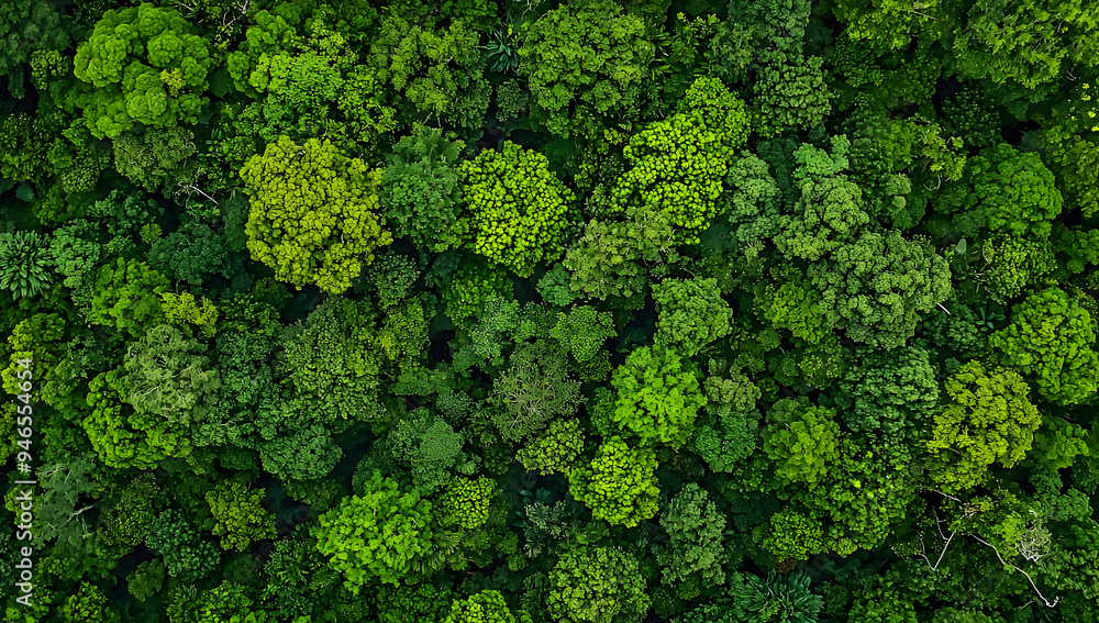Aerial view of a dense forest with lush green trees.The concept is about nature and environmental protection or healthy forests as a background for global climate change.