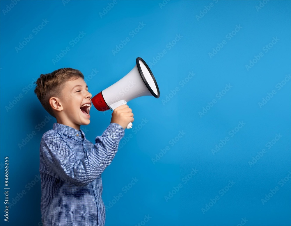 Cute Caucasian teen School boy using megaphone. Back to school text on blue banner. Copy space edgeless Cute Caucasian teen School boy using megaphone. Back to school text on blue banner. Copy space edgeless