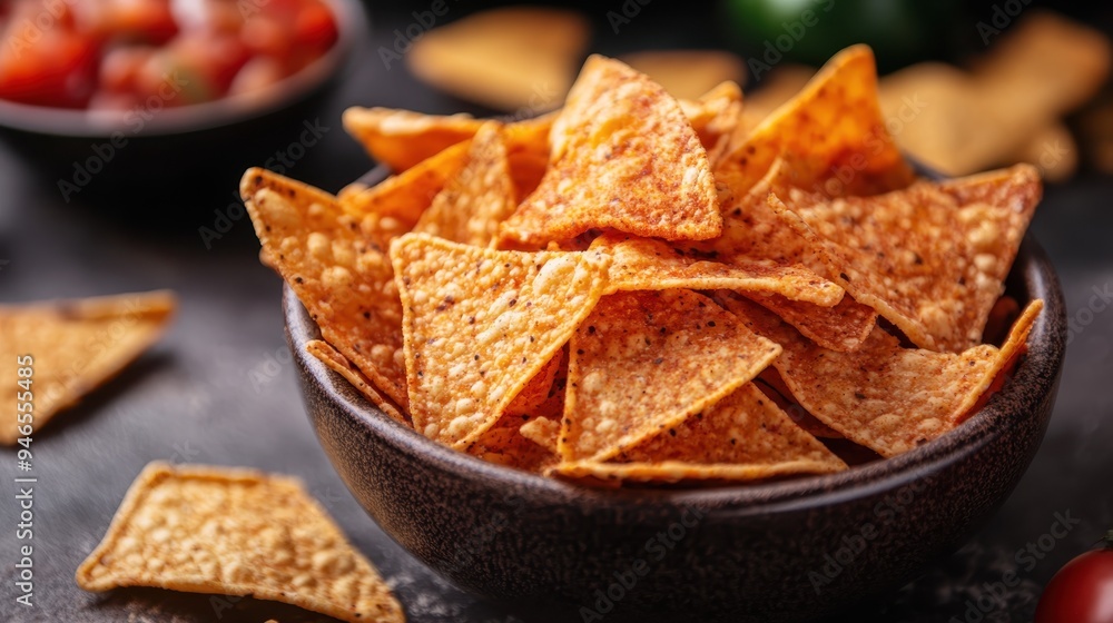 A rustic brown ceramic bowl filled with a generous portion of crispy, seasoned tortilla chips, artfully displayed on a dark textured surface with scattered chips around. A rustic brown ceramic bowl filled with a generous portion of crispy, seasoned tortilla chips, artfully displayed on a dark textured surface with scattered chips around.