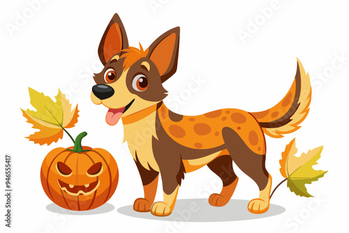 Autumn, dog with pumpkin, watercolor clipart illustration with isolated background. 