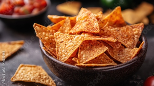 A rustic brown ceramic bowl filled with a generous portion of crispy, seasoned tortilla chips, artfully displayed on a dark textured surface with scattered chips around.