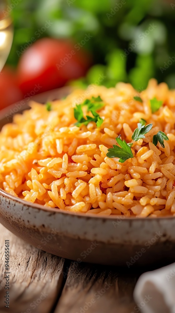 A vibrant Portuguese tomato rice dish served in a rustic ceramic bowl, garnished with fresh parsley and accompanied by a glass of white wine A vibrant Portuguese tomato rice dish served in a rustic ceramic bowl, garnished with fresh parsley and accompanied by a glass of white wine