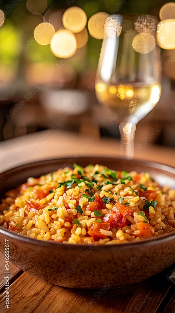 A vibrant Portuguese tomato rice dish served in a rustic ceramic bowl, garnished with fresh parsley and accompanied by a glass of white wine A vibrant Portuguese tomato rice dish served in a rustic ceramic bowl, garnished with fresh parsley and accompanied by a glass of white wine