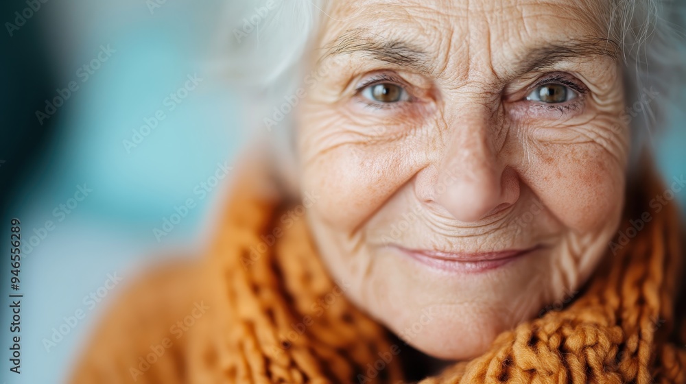 An up-close portrait of an elderly woman with grey hair and wrinkles, smiling warmly while wearing an orange scarf, capturing her wisdom and warmth, set in a soft, inviting setting. An up-close portrait of an elderly woman with grey hair and wrinkles, smiling warmly while wearing an orange scarf, capturing her wisdom and warmth, set in a soft, inviting setting.