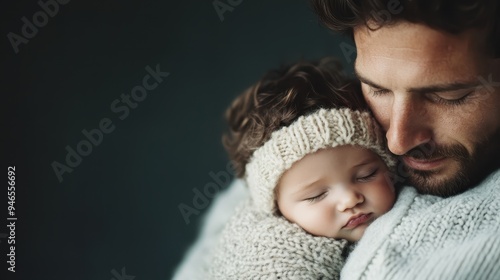 A tender moment depicting a father cuddling his sleeping baby, both wrapped in cozy knitted garments, showcasing love and bonding between parent and child.