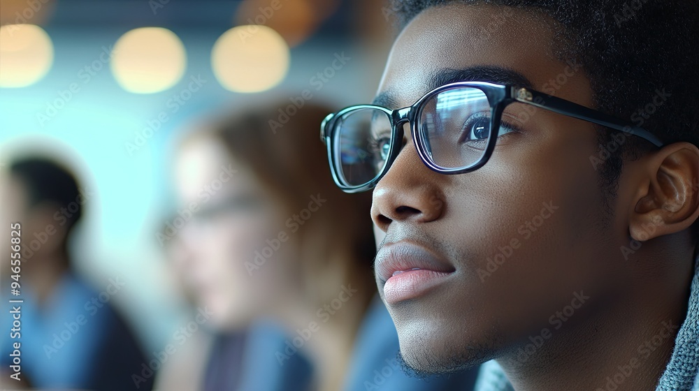 Close Up Portrait of a Young Black Man Wearing Glasses and Looking Up Close Up Portrait of a Young Black Man Wearing Glasses and Looking Up