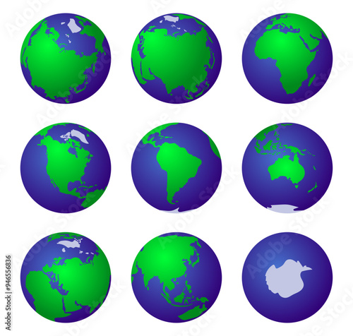 Set of Earth map 3D globe. Vector globe planet