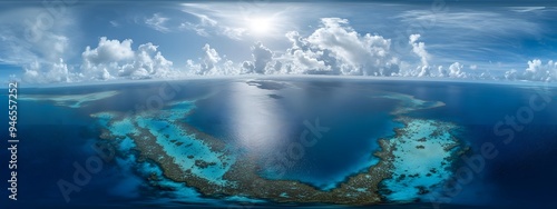 Aerial view of the blue hole on a beautiful coral reef in Great Exuma, an isolated circular structure that appears to be reaching out into deep water. The vast ocean is seen around it, with clear skie photo