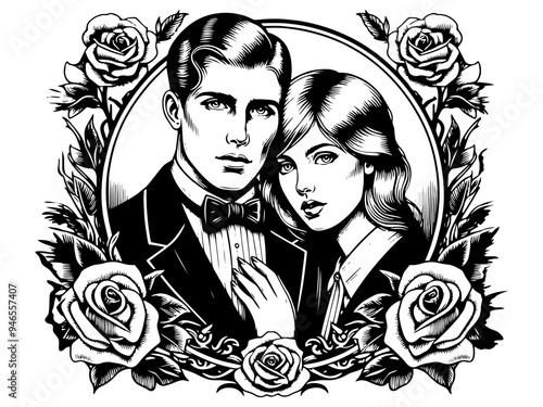 Vintage couple portrait in ornate frame with roses, black and white. Vector, generative ai.