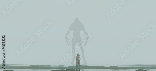 Photography Giant humanoid merman sea monster mythical demon hazmat suit lake beach 3d illus