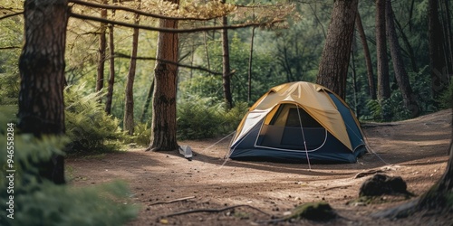 A tourist tent in the forest. Camping. AI generative. photo