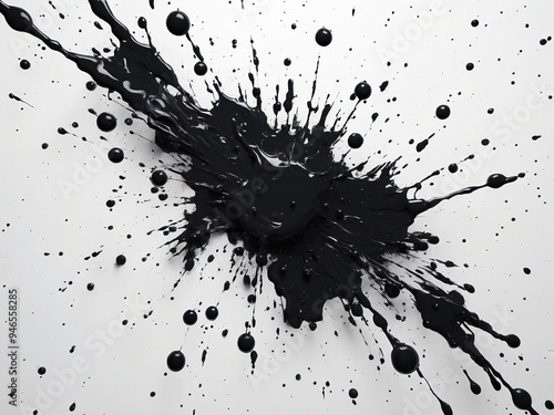 A black paint splatter against a white background. The splatter is in the center of the image and is surrounded by small black droplets.