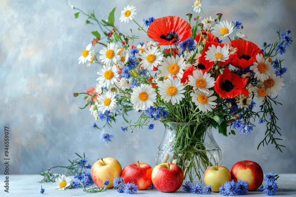 A glass vase overflows with colorful wildflowers, including red poppies and daisies, surrounded by fresh red apples on a wooden table, creating a cheerful atmosphere A glass vase overflows with colorful wildflowers, including red poppies and daisies, surrounded by fresh red apples on a wooden table, creating a cheerful atmosphere