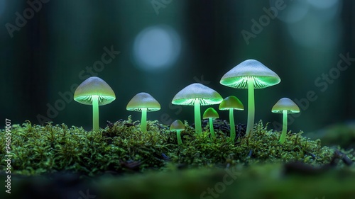 Wallpaper Mural Luminescent mushrooms growing on a mossy forest floor, emitting a soft green light, photorealistic, hyper-resolution, magical and tranquil forest scene Torontodigital.ca
