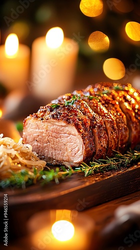 Franconian Schaufele pork shoulder roast, presented on a wooden platter, with crispy skin and a side of sauerkraut, in a warm, candlelit dining room photo