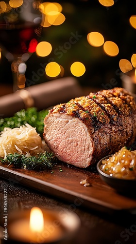 Franconian Schaufele pork shoulder roast, presented on a wooden platter, with crispy skin and a side of sauerkraut, in a warm, candlelit dining room photo