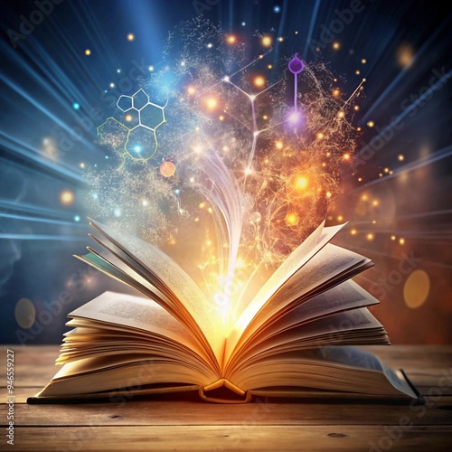 A magical image of an open book with glowing light emanating from its pages. The light takes the form of various symbols and concepts, representing the power of knowledge and imagination.