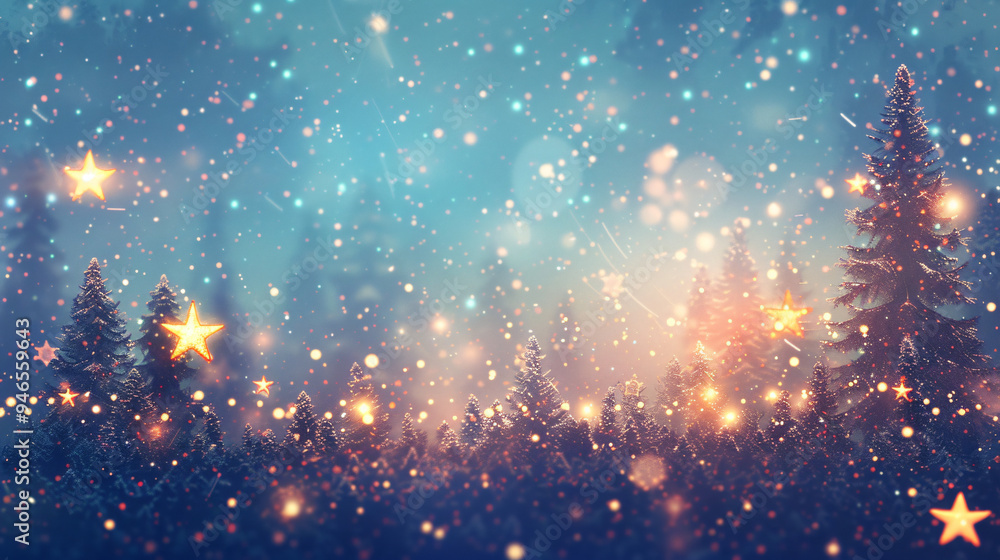 Snow falls on glowing pine trees in a enchanting winter forest at dusk Snow falls on glowing pine trees in a enchanting winter forest at dusk