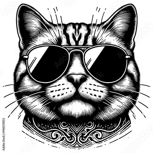 Cat wearing sunglasses, detailed black and white artwork on white background. Vector, generative ai.